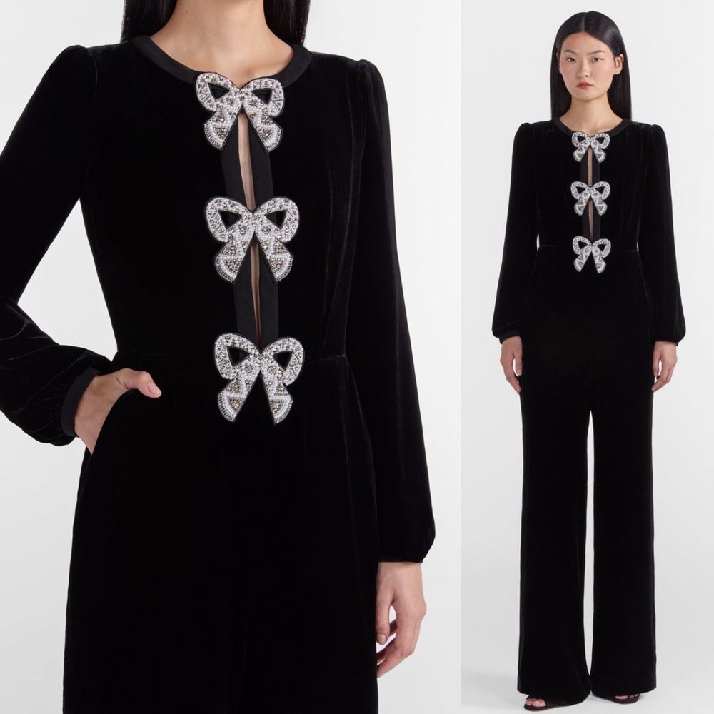 Saloni Camille Black Velvet Bow Embellished Jumpsuit Size 0 NWOT